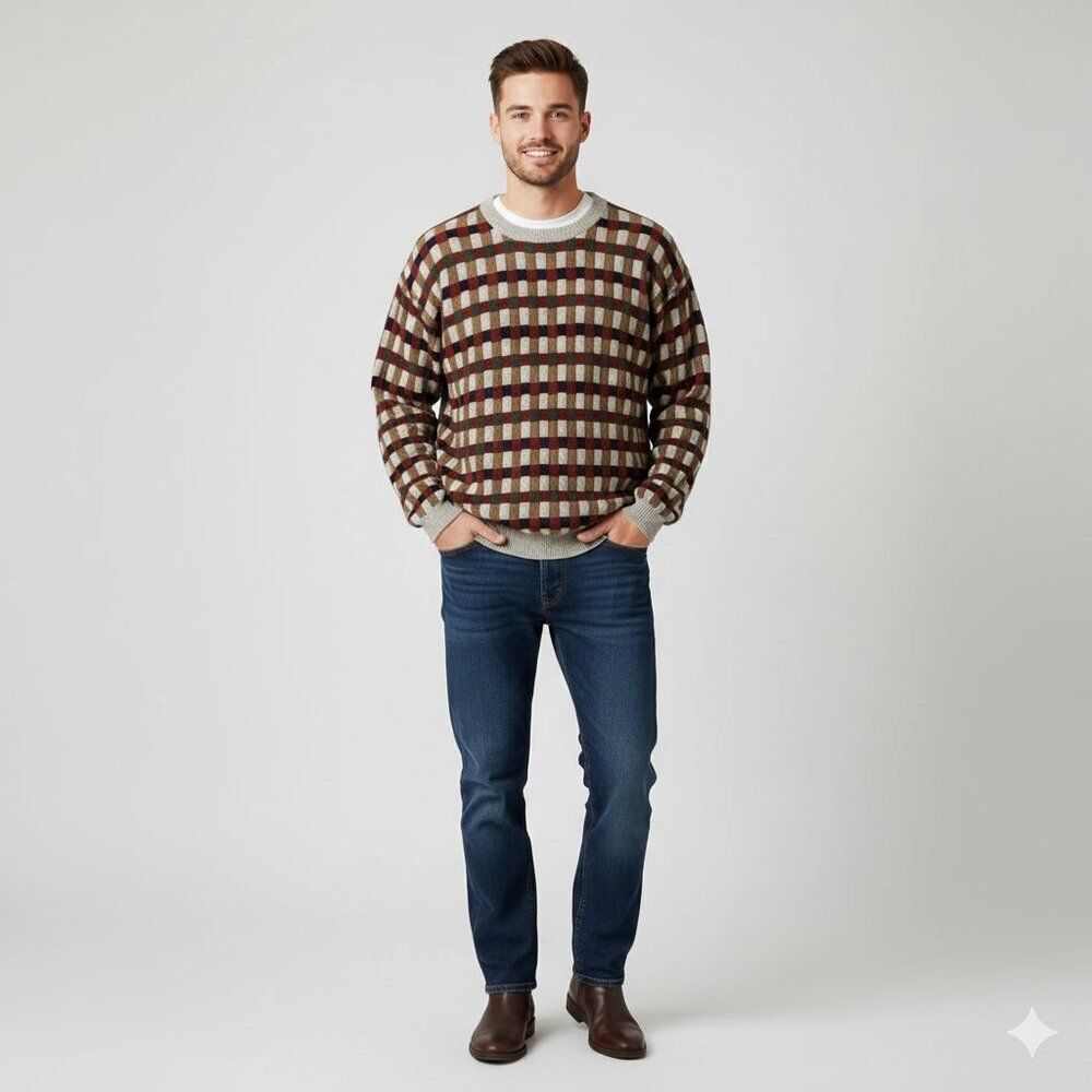 Claybrooke Outdoors Vintage 90s Cotton Knit Check Sweater Mens XL Made in USA